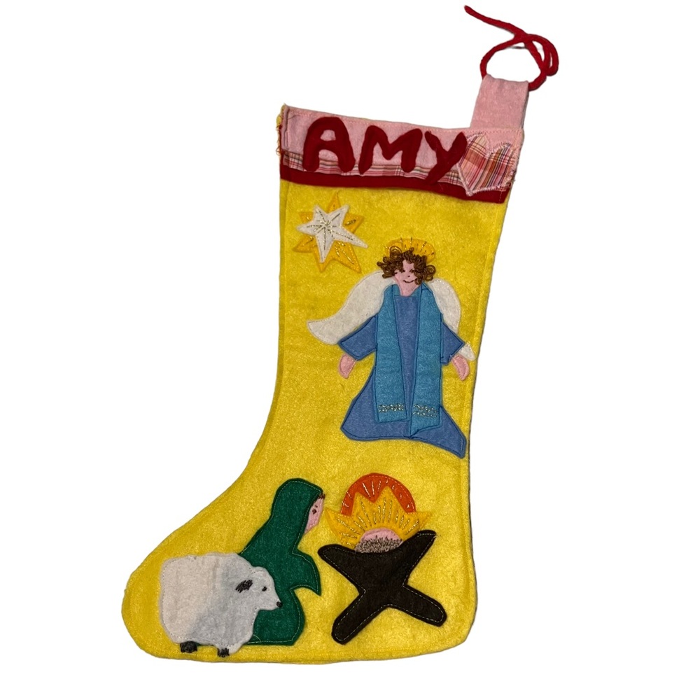 Vintage Yellow Felt Homemade Christmas Stocking AMY Nativity Angel Scene